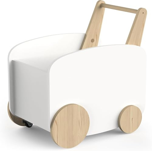 habeig Lauflernwagen, Spieltruhe, Spielzeugbox für Kinderzimmer, MDF & Echtholz, 50x53x35 cm, Rollbar, (Weiss/Holz) 829