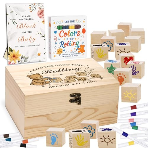 Amzsudy 78 PCS Shower Games Sign Kit for Boys Girls, Wooden Box and Sign, Blank Wooden Blocks for DIY Drawing, Markers, Shower Game for Gender Reveal Activity, Shower Ideas Decorations, Bear B