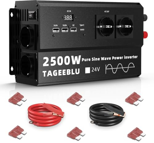 TAGEEBLU 2500W Pur Sinus convertisseur 24v 220v Camion | transformateur 24v 220v avec écran LCD, 4 Prises UE