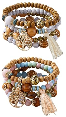 DUINIU Pulseras De Cuentas De Madera Bohemias De 8 Piezas, Pulseras De Borlas para Mujer, Pulseras Coles De Moda, Joyas De Cuentas De Cristal.