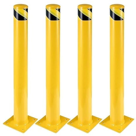 4-Pack 42 Inch Steel Safety Bollard Post, 4.5 Inch Diameter Metal Safety Bollard with 16 Anchor Bolts for Driveway Barrier, Parking Pole, Traffic Control