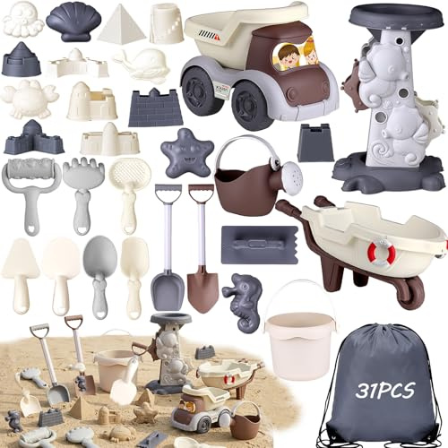 Dazhtu 31 Stück Sandspielzeug Set, Sandkasten Spielzeug Reise Sandspielzeug mit Eimer Kinder mit Sandschaufel, Eimer, Sandformen, Netzbeutel Strand für Jungen Mädchen Kinder 3 4 5 6 7 Jahre, grau