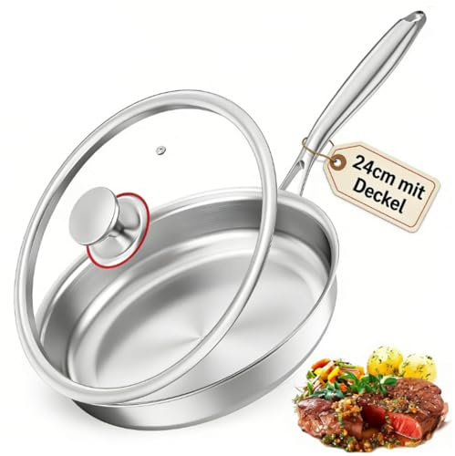 Yigowyigo Edelstahl Pfanne 24cm, Edelstahlpfanne mit Deckel Spülmaschinenfeste, Pfanne Bratpfanne Unbeschichtet für Induktionsherde Induktionsherde Alle Herdarten Geeignet