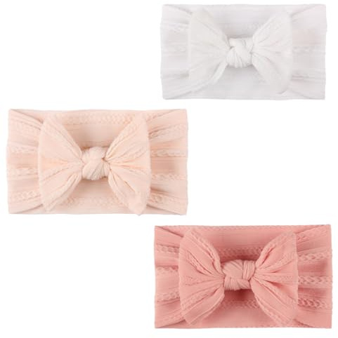 3 stycken turban pannband för spädbarn - Nylon pannband för bebisflickor - pannband med rosett för spädbarn - mössor med mjuk rosett - elastiska hårband (rosa, hud och vit)