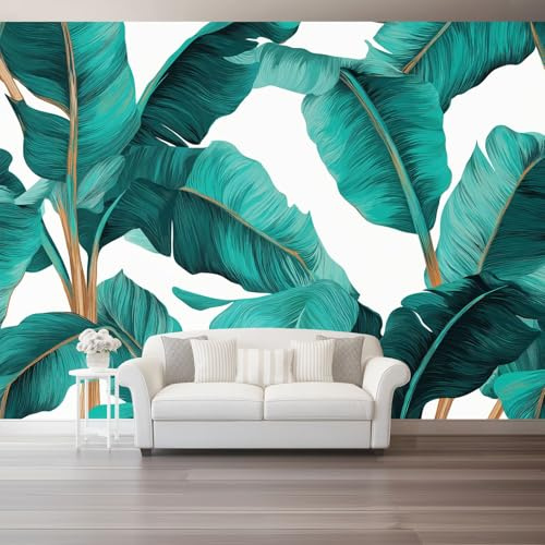 Papier Peint Panoramique Tropical Effet 3D Papier Peint Intissé Bleu Feuilles De Bananier Branches Décoration Murale Salon Chambre 350 X 256 Cm