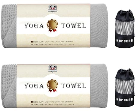HAPBEAR Lot de 2 Serviettes Yoga 183 x 61 cm,Antidérapantes pour Tapis–Gris | Microfibre avec Picots Silicone,Séchage Rapide,pour Hot Yoga,Pilates,Salle de Sport & Bikram