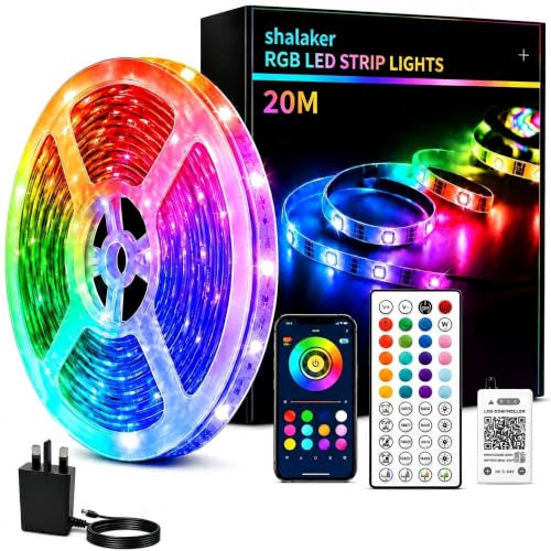 shalaker 20M RGB LED Strip Lights for Bedroom, Music Sync Colour Changing LED Tape with Bluetooth App & Remote, 16M Colours, Dimmable, Timing Mode, Self-Adhesive for Home Party Kitchen Decor