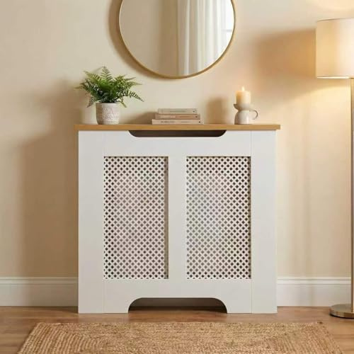 Furnihaus Eleanor Radiator Cover, Wooden MDF Radiator Cabinet with Lattice Front Panel, Freestanding Heating Cover for Hallway, Living Room or Bedroom, (White and Oak Effect Top, Small)