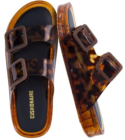 CUSHIONAIRE Pool Slippers for Women Water Resistant Double Buckle Adjustable Slip-On Ladies Sandals for Beach Shower Casual Wear