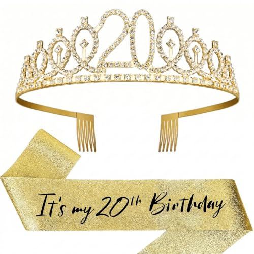 Couronne & Écharpe 20 Ans Argent – Décoration Anniversaire 20 Ans Fille Femme, Accessoires de Fête (Or)