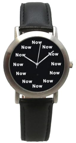 Now is The Time on The Black Dial of The Medium Size Brushed Chrome Watch with a Black Leather Strap