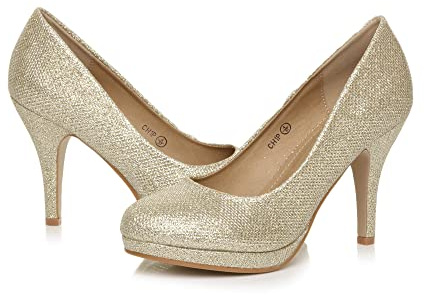 AJVANI Kvinnor damer hög mellanklack smart arbetskväll fest bröllop brud plattform domstol skor pumpstorlek, Guld glitter nät, 38 EU