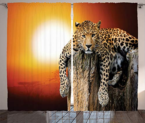 ABAKUHAUS afrikanisch Rustikaler Gardine, Safari Leopard auf Baum, Schlafzimmer Kräuselband Vorhang mit Schlaufen und Haken, 280 x 245 cm, Braun Orange