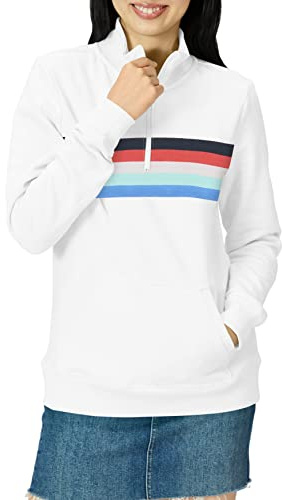 Amazon Essentials långärmad fleecetröja för kvinnor med kvarts dragkedja (finns i plusstorlek), röd vit placerad rand, XX-Large