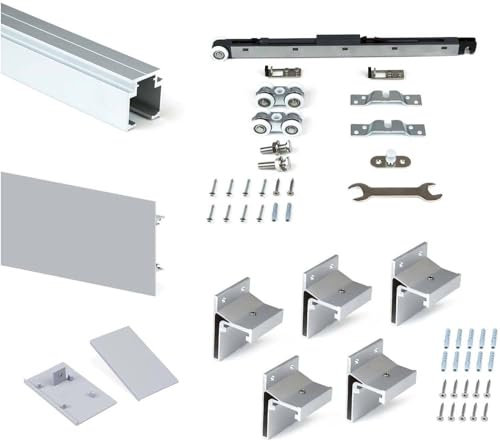 Emuca - Sistema para puertas correderas colgadas de madera, tableros no incluidos, con cierre suave, 80 kg, aluminio anodizado