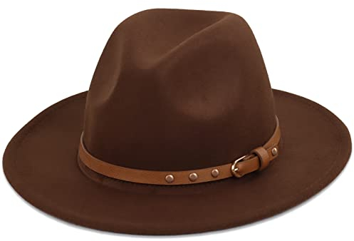 Koreshion Klassischer Fedora-Hut für Damen, Wolle, breite Krempe, Filzmütze, Jazz-Kappe mit Gürtelschnalle, Panamahut, Kaffee, Einheitsgröße