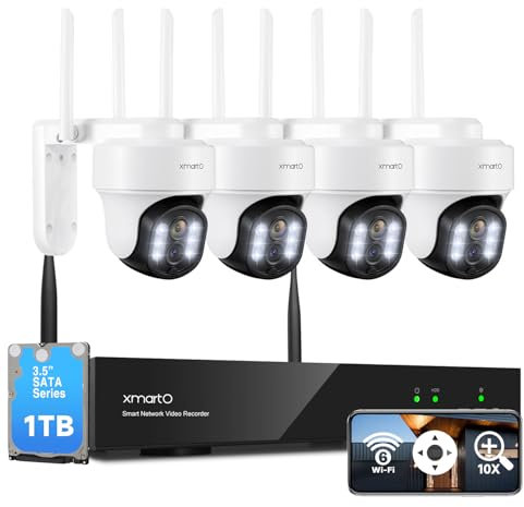 XMARTO - Sistema di telecamere di sicurezza PTZ HD 10CH wireless per esterni/interni, Dual-WiFi 4K NVR con rotazione 4X 2K, HDD da 1 TB (sorveglianza plug-in 24/7, relè WiFi, WYS3084-1TB)