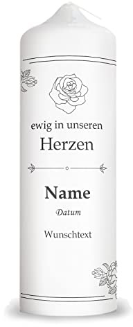GRAVURZEILE Bedruckte Kerze - Vintage Rosen - Personalisierte Kerze mit eigenen Namen, Datum & Wunschtext - Trauerkerze zur Beerdigung oder als Andenken - Hochwertige Stumpenkerze Weiß 250/80 mm