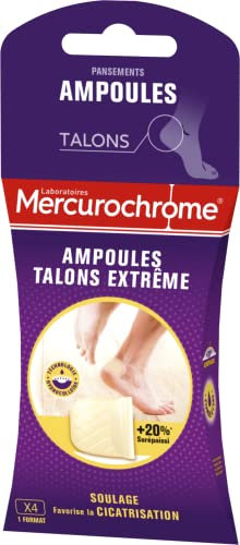 MERCUROCHROME - Pansements Ampoules Talons Extrême - 4 Pansements - Soulage La Douleur et Favorise La Cicatrisation - Technologie Hydrocolloïde - Résistance à l'Eau - Effet Seconde Peau