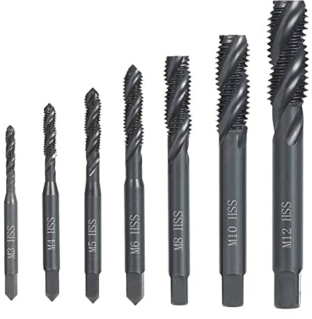 Saipor 7pcs Nitriding Coated Spiral Screw Thread Tap Machine Threading Tap | HSS 6542 Metric Machine Threading Taps Set M3 M4 M5 M6 M8 M10 M12 Tapping Tool
