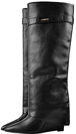 Only maker Damen Spitze Stiefel Langschaftstiefel mit Keilabsatz Wedges Boots Schlupfstiefel mit Kniehohem Schaft Lederoptik Schwarz 42 EU