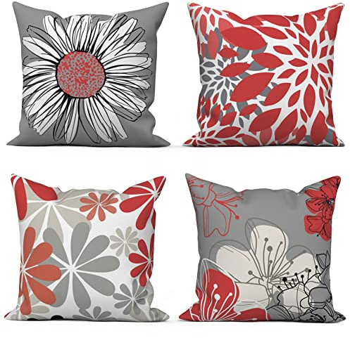 ASDCXZ Rot Kissenbezug 40x40 cm 4er Set, Nordeuropa Modern Blumen Rot Grau Sofa Dekokissen Kissenbezüge Kissenhülle Waschbar Polyester Leinen Textil Polster Kopfkissenbezug Kissen Bezug