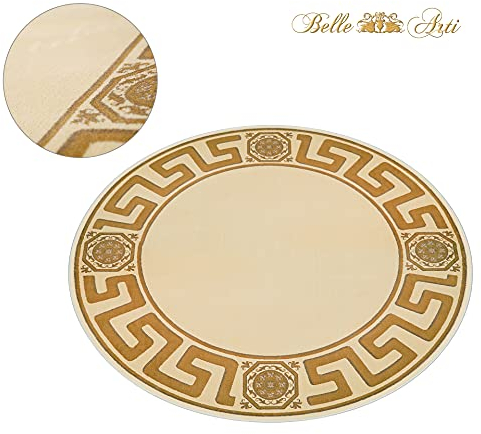 Belle Arti Runder Teppich Wohnzimmer Schlafzimmer Flur Mäander Muster Kurzflor 150 Durchmesser in Creme beige Gold - rutschfest weich antiallergisch 100% Viskose - 150 cm, Rund