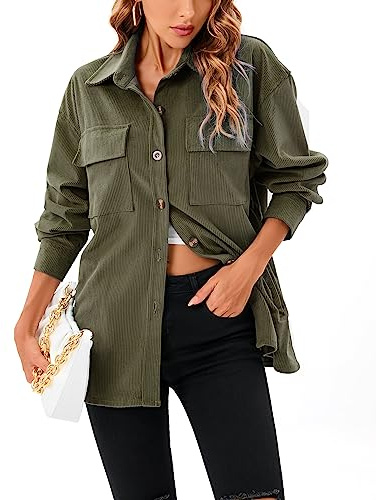 Jhsnjnr Damen Shacket Casual Oversized Langarm Shirt Button Down Cord Jacken mit Taschen, armee-grün, 36