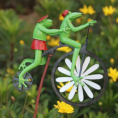 Frogs Wind Spinner, Metal Art Frog Riding Vintage Bicycle Wind Sculpture, Garden Landscape Decorative WIndmill Ornament for Outdoor Patio Yard Lawn Decoration