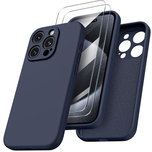 ORNARTO für iPhone 15 Pro Hülle mit 2 Schutzfolien, Mitternachtsblau | Kamerashutz, Premium Flüssigsilikon, dünne Handyhülle, weich, griffig, tolle Haptik, stoß- und kratzfest, große Farbauswahl