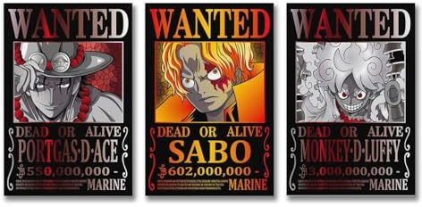Generic Anime One Piece Wanted Poster Luffy Ace Sabo Kunstdruck Wandfoto Malposter 20 x 30 cm Wohnzimmer Wandbild