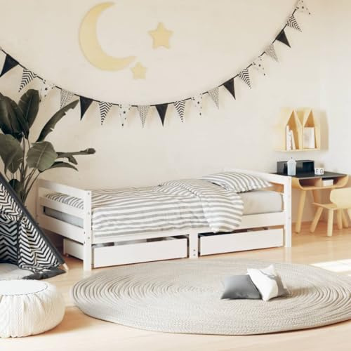 Tidyard Elegant Wooden Kids Bed Frame with Storage - Pine Wood, White, Low Height Design Model834445