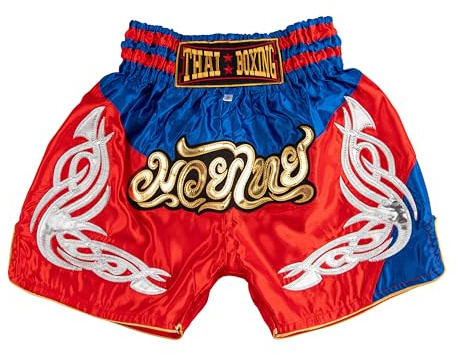 MUAY NATION Muay Thai Shorts for Kids (2-12 Years) Boys Girls Boxing Trunks for Kickboxing MMA Youth Martial Arts (US, 9-12 Years, PRM RED/Blue)