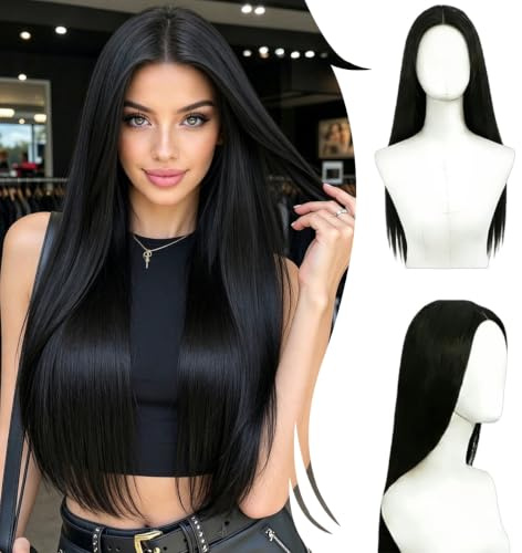 Perücke Schwarz Lang Glatt – Natürliche Lange Gerade Schwarze Perücken mit Mittelscheitel, Synthetische Lange Schwarz Perücken für Frauen Cosplay, Fasching & Alltag(70 cm / 27 Zoll)