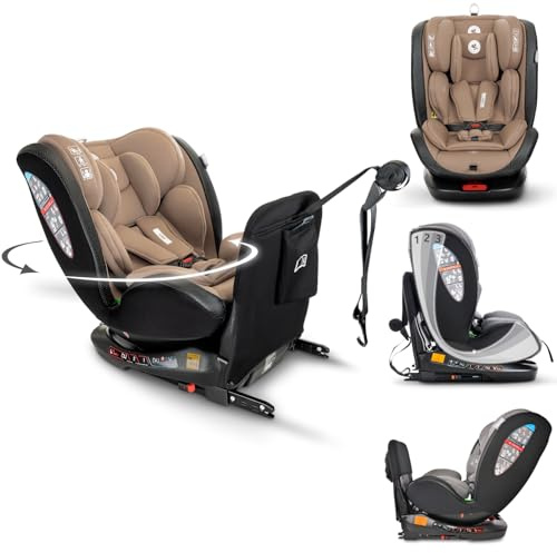 Lorelli Auto Kindersitz Ares mit Isofix, 360 Grad drehbar, (0-36 kg) Mitwachsender Autositz i-Size 40-150cm - Gruppe 0+/1/2/3, Babysitz ab Geburt, 5-Punkt-Gurt, Einstellbare Kopfstütze, beige