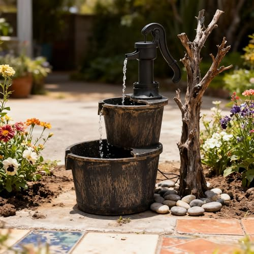 Athena Collection 67 cm hög elektrisk vattenfallsfontän, 2-nivåers tunna klassisk polypropylenfontän med pump, fristående bordsfontän för utomhusbruk, uteplats