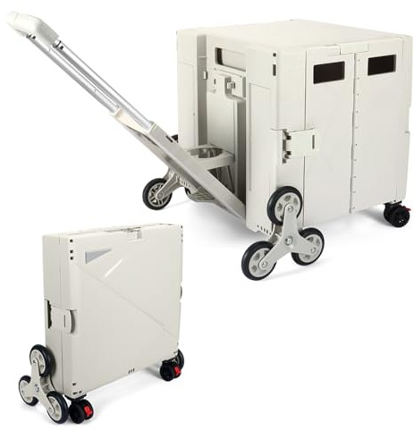 LexonElec x SELORSS Hopfällbar Shoppingvagn med Trappklättrande Hjul, Justerbart Teleskopiskt Aluminiumhandtag och Lock, Ihopfällbar Verktygslåda, Bärbar Vagn, Stark och Hållbar 90 kg/76L - Beige
