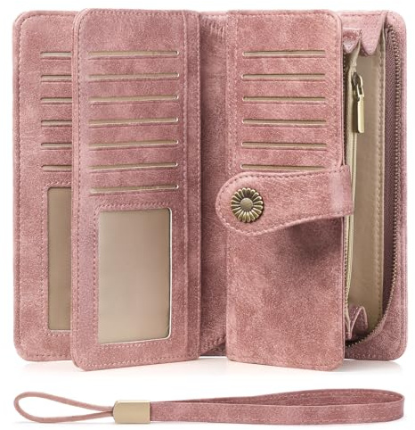 SENDEFN Geldbörse für Damen, Leder, große Damen, Kupplung, RFID-Schutz, blockierend, große Kapazität, Lange Geldbörse mit 24 Kartenfächern und Armband