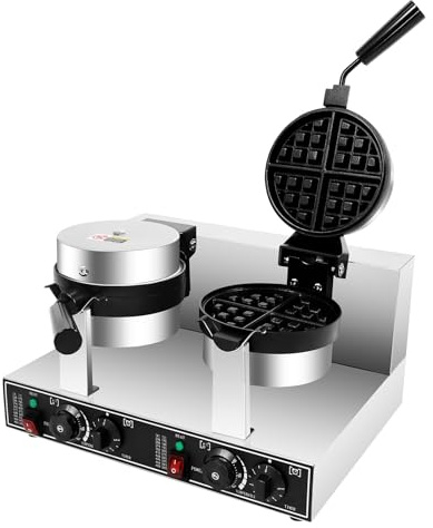 Commercial Dual Head Belgian Waffle Maker，Rotating Double Waring Breakfast Maker，Breakfast Maker with Non-Stick Coating，Home Stainless Steel Waffle Baker Machine 110V 2600W