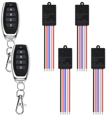 433MHz RF Funk Fernbedienung Schalter 12V Funkschalter, Kabelloser Lichtschalter DC 5V 12V 24V 10A Relais Empfänger mit 4 Sendern, 100M Langstrecken, 4 Wege Fernschalter für Motor, LED Licht, Tortür