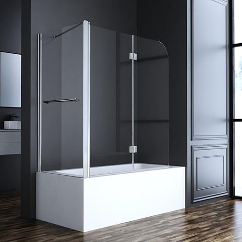 Duschwand für Badewanne mit Seitenwand 70x120x140cm 2-teilig Duschabtrennung, Faltbar Duschtrennwand 6mm EGS Nano Sicherheitsglas, Klappbar Badewannenaufsatz Trennwand mit Handtuchhalter