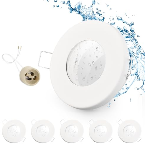 GeyouLux 6x Einbaustrahler GU10 Einbaurahmen IP65 Weiß Lochmaß 65-75mm | Schwenkbar, Eisen, Ø85mm Deckenspots, matt Weiß, mit 230V GU10 Fassung, bis 50W, für Bad Küche, Rund Flach, ohne Leuchtmittel