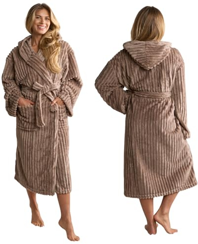 OHS Ribbed Fleece Dressing Gown Womens, Gifts for Women Men Bathrobe with Hood & Pockets Soft Warm Comfy Luxury Oversized Fluffy Mens Dressing Gowns, Mink One Size