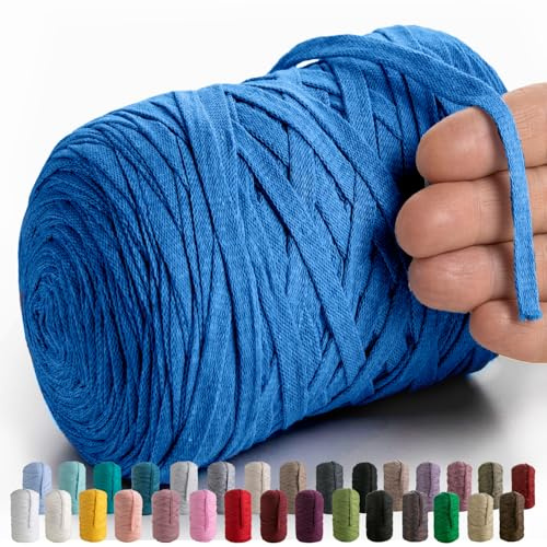 MeriWoolArt® Baumwollgarn Band Blau - 10mm T-Shirt Band Garn für Stricken, Makramee, Häkeln, Weben, Geschenkband - 150 m Baumwollband (Dunkelblau)