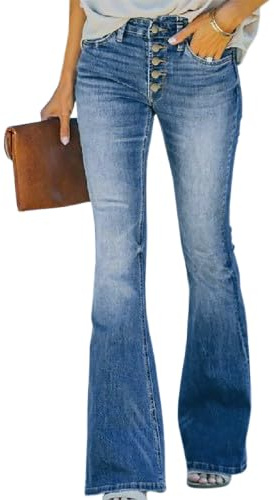 Jean Taille Basse Femme Bootcut Patte De Boutonnage, Pantalon Patte D'Elephant Femme Jean Flare Petite Amincissant, Jeans Stretch Extensible à Bas Evasé Effet Délavé Vintage Décontracté (Sky Blue, L)