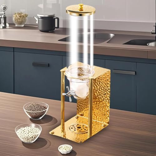 NLLATEI Cereal Dispenser Countertop, Rice Grain Dispenser For Kitchen And Pantry, 3.5L Single Head Cereal Dispenser Food Storage Container, Stainless Steel Base(Gold)