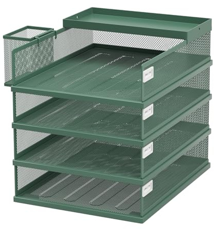FANXIYQ Stackable Letter Trays, 4 Tier Metal Paper Tray & Desk Organizer, Stackable File Trays for Office & Home, Multi-Functional Document Tray with Fine Grid Design & Magnetic Labels,Green