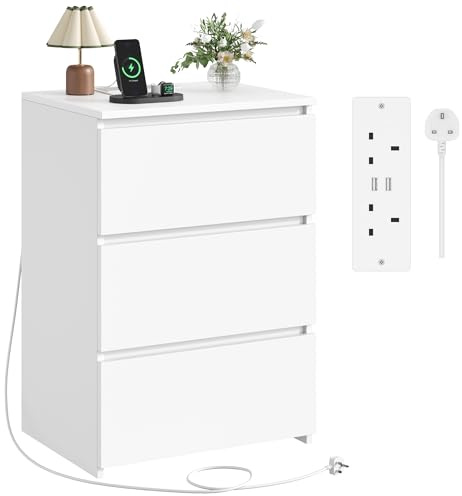 FirFurd Nachttisch mit Steckdosenleiste Nachtschrank 3 Schublade 45x38x66cm | Beistelltisch mit 2 AC-Steckdosen, 2 USB-Anschlüsse, 1,8 m Netzkabel, Nachtkommode für Schlafzimmer Wohnzimmer Büro, weiß