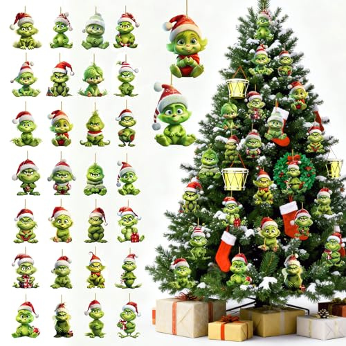 28 Stück G-rinch Weihnachtsdeko Anhänger, G-rinch deko Weihnachten, 2D Acryl Anhänger, Weihnachtsbaumschmuck für Partydekoration Geschenke,Weihnachtsanhänger, Festliche Dekoration