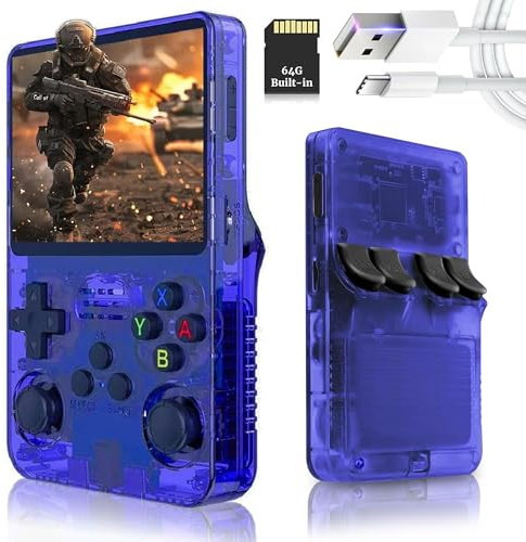 R36 Retro Handheld Game Console with 64GB Built-in 20,000+ Classic Video Games -Portable Gaming Console - Linux System IPS 3.5 Screen - Rechargeable Battery - for Teens and Adults (Blue)
